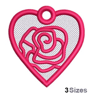FSL Red Rose Machine Embroidery Design - 3 Sizes, Freestanding Lace Valentines Rose Heart Pendant Embroidery Pattern, FSL Flower Heart Charm