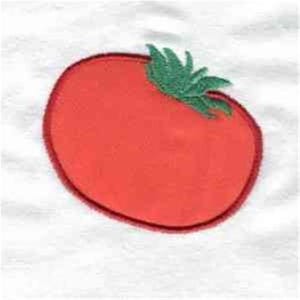 May include: Embroidered red tomato with a green leafy top. The tomato is outlined in a darker red, set against a white background. This design is likely for kitchen or garden-themed items.