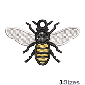 May include: Black and yellow bee with white wings. The bee has a round head with a black and white pattern. The bee is a simple, cartoon-like design.