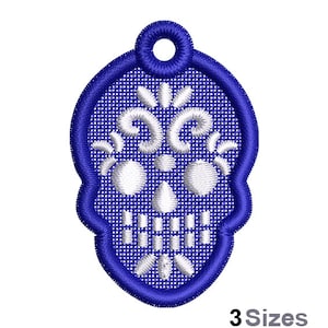 FSL Sugar Skull Machine Embroidery Design - 3 Sizes, Freestanding Lace Earring Embroidery Pattern, FSL Calavera Ornament Embroidery Design