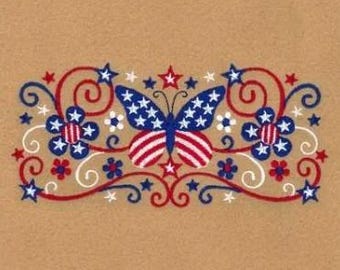 Patriotic Butterfly Machine Embroidery Design - USA Stars & Stripes Embroidery Pattern, American Flag Butterfly Design, Patriotic Flowers