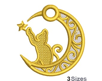 FSL Cat On Moon - Machine Embroidery Design - 3 Sizes, Freestanding Lace Earring Embroidery Pattern, FSL Moon And Stars Kitten Ornament