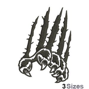 May include: An embroidered design of a claw mark in dark gray. The claw marks have sharp points and are set against a white background. The text "3 Sizes" is at the bottom.