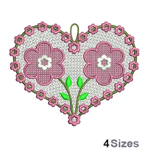 FSL Floral Heart - Machine Embroidery Design - 4 Sizes, Freestanding Lace Earring Embroidery Pattern, FSL Flowers Heart Ornament Embroidery