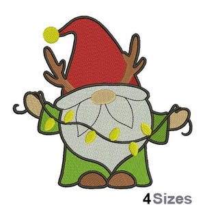 May include: A green and red Christmas gnome with a white beard and antlers, holding a string of yellow lights.