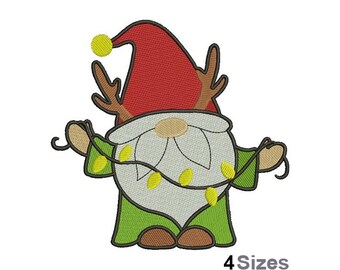 Nain avec guirlandes lumineuses de Noël - motif de broderie Machine - 4 tailles, motif de broderie Nain de Noël avec bois de renne