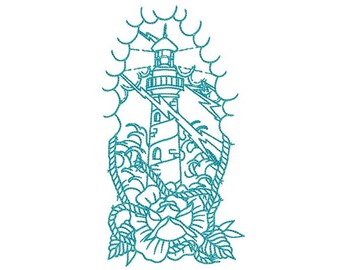 Diseño de bordado a máquina de faro náutico, patrón de bordado de cuerda marina, diseño de bordado de rosa, descarga digital