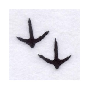 May include: Two black bird footprints are displayed on a white background. Each footprint has three toes and a central heel, creating a simple, yet recognizable design. The image is clean and minimalist.