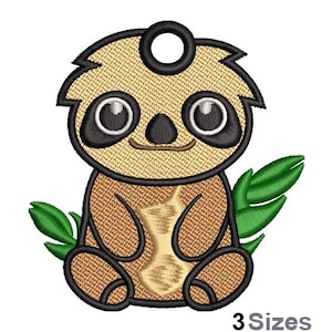 May include: Embroidered sloth design in shades of brown, tan, and black, with green leaves. The sloth has large, round eyes and a smiling expression. The design includes the text "3 Sizes" at the bottom.
