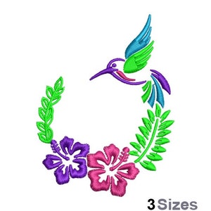 Floral Hummingbird - Machine Embroidery Design - 3 Sizes, Hibiscus Flowers Embroidery Pattern, Flying Hummingbird Embroidery, Laurel Wreath