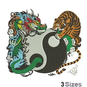 May include: Embroidered design featuring a green dragon and an orange tiger facing each other on opposite sides of a black and white yin yang symbol.