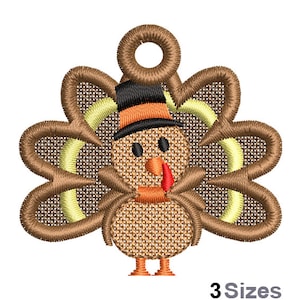 FSL Thanksgiving Turkey Machine Embroidery Design - 3 Sizes, Freestanding Lace Earring Embroidery Pattern, FSL Baby Turkey Ornament Design