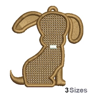 FSL Happy Puppy Machine Embroidery Design - 3 Sizes, Freestanding Lace Earring Embroidery Pattern, FSL Dog Ornament Embroidery Design