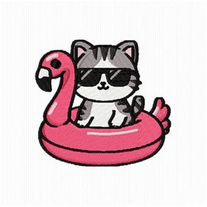 May include: Embroidered patch featuring a cartoon cat wearing sunglasses, floating on a pink flamingo pool float. The cat has gray and white fur. The flamingo float is a bright pink color.