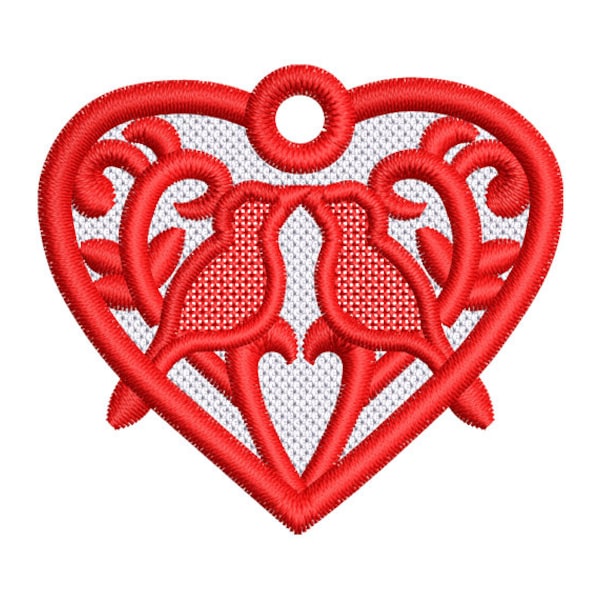 FSL Love Birds Machine Embroidery Design - 3 Sizes, Freestanding Lace Earring Embroidery Pattern, FSL Valentines Ornament Embroidery Design