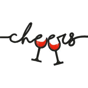 May include: Black cursive text that reads "cheers" with two wine glasses. The wine glasses are black with red wine inside. The image is on a white background.