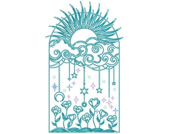 Rising Sun With Clouds Machine Embroidery Design - Hanging Stars & Moon Embroidery Pattern, Celestial Ornament Design, Digital Download