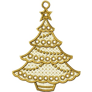 FSL Decorated Christmas Tree Ornament - Machine Embroidery Design, Freestanding Lace Xmas Tree Earring Embroidery Pattern