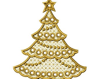 FSL Decorated Christmas Tree Ornament - Machine Embroidery Design, Freestanding Lace Xmas Tree Earring Embroidery Pattern