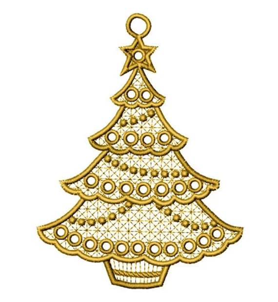 FSL Decorated Christmas Tree Ornament - Machine Embroidery Design, Freestanding Lace Xmas Tree Earring Embroidery Pattern