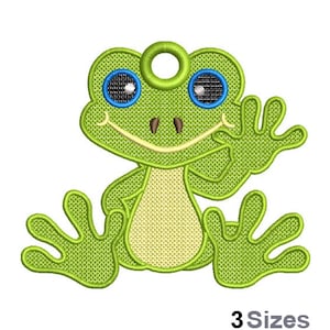 May include: Green frog with blue eyes and a big smile, waving with one hand. The frog is sitting on its bottom with its legs spread out. The frog is a cartoon style embroidery design.