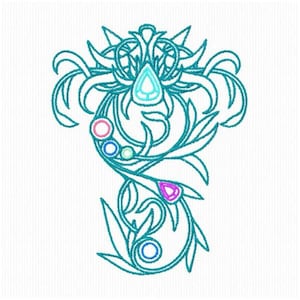 May include: An embroidered design in shades of teal, featuring an ornate, symmetrical pattern. The design includes swirling lines, teardrop shapes, and circular elements with pink, blue, and green accents. The overall aesthetic is decorative and detailed.