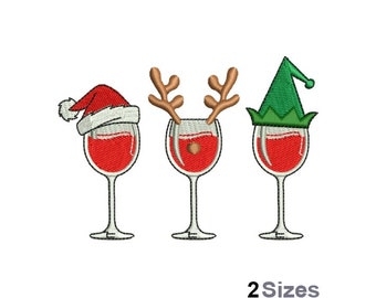 Copas de vino navideñas - Diseño de bordado a máquina - 2 tamaños, bordado de copa de vino con gorro de Papá Noel, copa de vino con astas de ciervo, diseño de copa con gorro de elfo