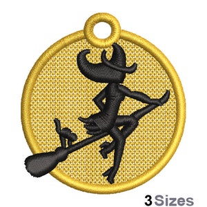 May include: Embroidered patch featuring a black witch riding a broomstick inside a gold circle. The witch is wearing a pointed hat and a flowing skirt. The patch has a gold border and a loop at the top. The text "3 Sizes" is at the bottom.