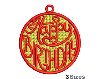 FSL Alles Gute zum Geburtstag Maschinenstickmuster - 3 Größen, Freistehendes Spitzenohrring Stickmuster, FSL Kreis Ornament Stickdatei
