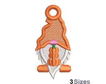 Diseño de bordado a máquina de gnomo con calabazas FSL - 3 tamaños, patrón de bordado para pendientes de encaje independientes, bordado de adorno de Acción de Gracias FSL