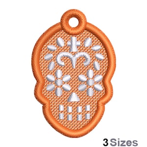 FSL Sugar Skull Machine Embroidery Design - 3 Sizes, Freestanding Lace Earring Embroidery Pattern, FSL Halloween Skull Ornament Embroidery
