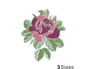 Red Rose - Maschinenstickerei, 3 Größen, Realistische Rose mit Blättern Stickmuster, Valentines Love Rose Stickdatei