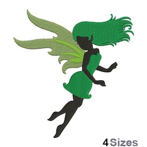 Könnte beinhalten: Grüne Silhouette einer Fee mit Flügeln und langen Haaren. Die Fee trägt ein grünes Kleid und fliegt.