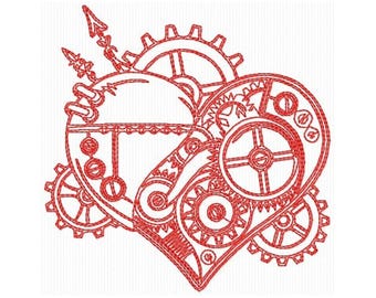 Motif de broderie Machine coeur steampunk, motif de broderie machines coeur de travail, motif de broderie engrenages, téléchargement numérique
