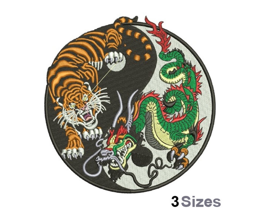 トラと龍の刺繍画 虎と龍の陰陽 - 機械刺繍デザイン - 3サイズ、陰陽シンボル刺繍