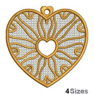 FSL Decorated Heart - Machine Embroidery Design - 4 Sizes, Freestanding Lace Earring Embroidery Pattern, FSL Heart Ornament Embroidery