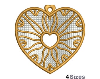 FSL Decorated Heart - Machine Embroidery Design - 4 Sizes, Freestanding Lace Earring Embroidery Pattern, FSL Heart Ornament Embroidery