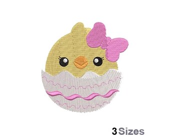 Ostern Küken Mädchen in der Eierschale - Maschinenstickerei, 3 Größen, süsses Baby Huhn Stickdatei, Osterei Stickdatei