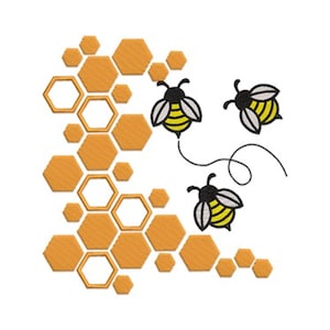 Puede incluir: Diseño bordado con un patrón de panal en tonos naranja y amarillo, con tres abejas de dibujos animados. Las abejas tienen cuerpos negros y blancos con rayas amarillas, y vuelan alrededor del panal.