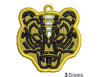 FSL Tiger Head - Machine Embroidery Design - 3 Sizes, Freestanding Lace Earring Embroidery Pattern, FSL Wildcat Head Ornament Embroidery