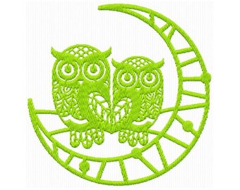 Owls and Moon Machine Embroidery Design, Night Owls Embroidery Pattern, Two Wise Owls Embroidery Design, Digital Download