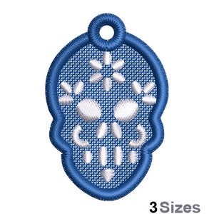 FSL Blue Sugar Skull Machine Embroidery Design - 3 Sizes, Freestanding Lace Earring Embroidery Pattern, FSL Day Of The Dead Ornament Design