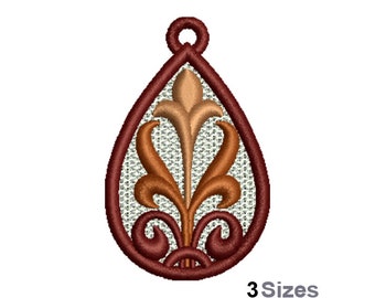 FSL Floral Decoration Machine Embroidery Design - 3 Sizes, Freestanding Lace Earring Embroidery Pattern, FSL Teardrop Ornament Embroidery