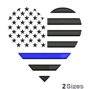Flag Heart - Machine Embroidery Design - 2 Sizes, Blue Line Flag Embroidery Pattern, American Flag Embroidery, Law Enforcement Embroidery
