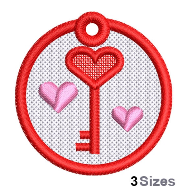 FSL Love Key Machine Embroidery Design - 3 Sizes, Freestanding Lace Earring Embroidery Pattern, FSL Heart Key Ornament Embroidery Design