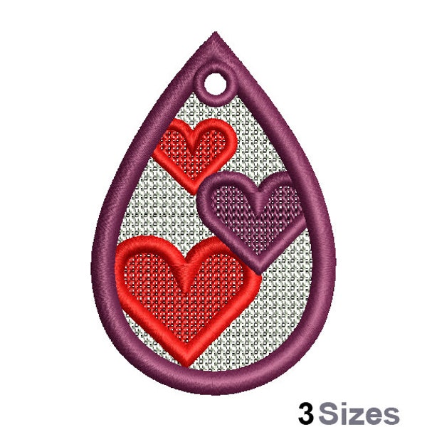 FSL Valentine's Day Hearts Machine Embroidery Design - 3 Sizes, Freestanding Lace Teardrop Earring Embroidery Pattern, Valentines FSL Charm