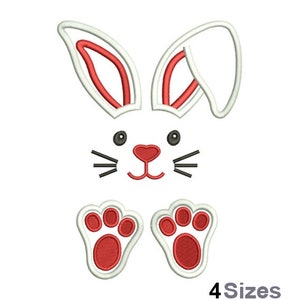 May include: Embroidered design of a white bunny with red ears and paws. The bunny has black eyes and a red nose. The design is perfect for Easter crafts and projects.
