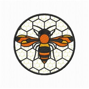 May include: A circular embroidered patch featuring a central bee with orange and black striped body and wings, set against a background of a white hexagonal honeycomb pattern enclosed within a thick black circular border outline.