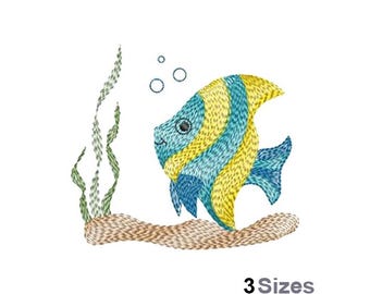 Tropical Fish - Machine Embroidery Design - 3 Sizes, Exotic Blue Yellow Fish Embroidery Design, Coral Reef Fish Embroidery Pattern