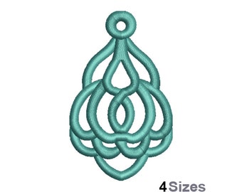 May include: A teal-coloured, ornate teardrop-shaped design with a looped top and a series of interconnected, curved lines. The design is symmetrical and appears to be an embroidery pattern. The text "4 Sizes" is at the bottom.